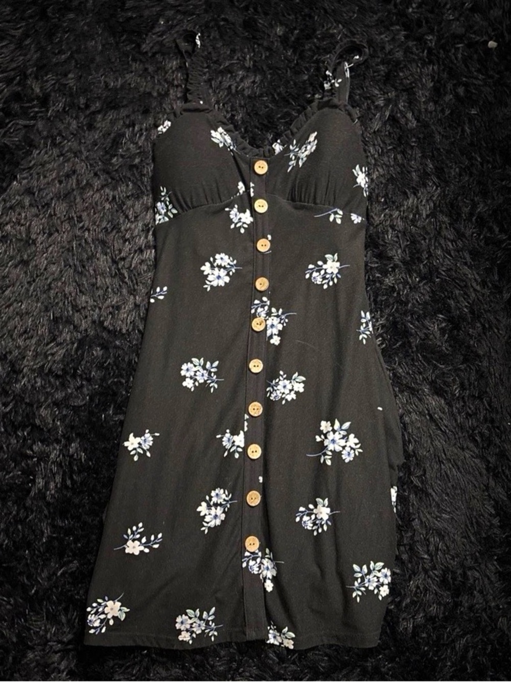 Black Floral Button-Front Mini Dress with Spaghetti Straps